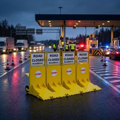 Crash-Tested Mobile Vehicle Barrier with 60 Tons Load Capacity and Reusable After Impact Road Blocker System